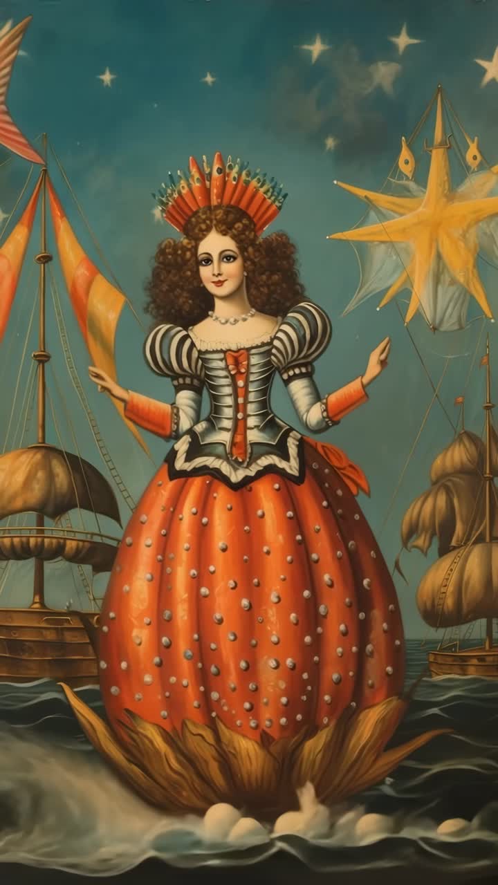 Surreal video concept art of a regal figure in a vibrant gown, surrounded by ships and sea