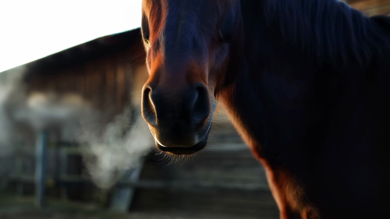 Close frontal view shows repeated puffs of vapor drifting from horse nostrils while its head remains nearly still, with golden side light, deep coat shadows, and rustic stable structures behind.