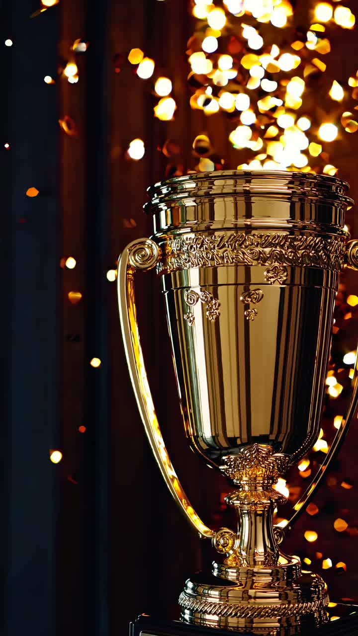 Inquadratura dal basso di un trofeo dorato con luci bokeh sullo sfondo, che crea un'atmosfera celebrativa.