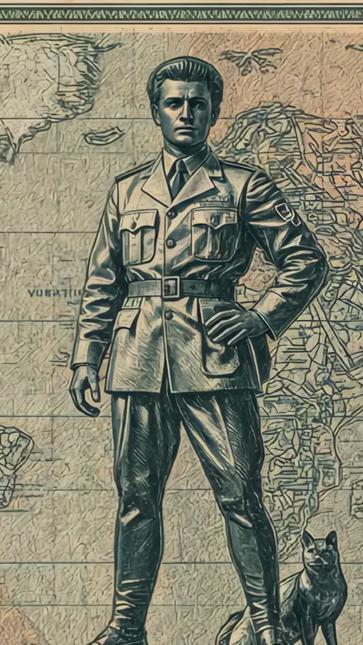 Vertical video: Standing soldier sculpture in memorial hall, with dog and mosaic map frieze