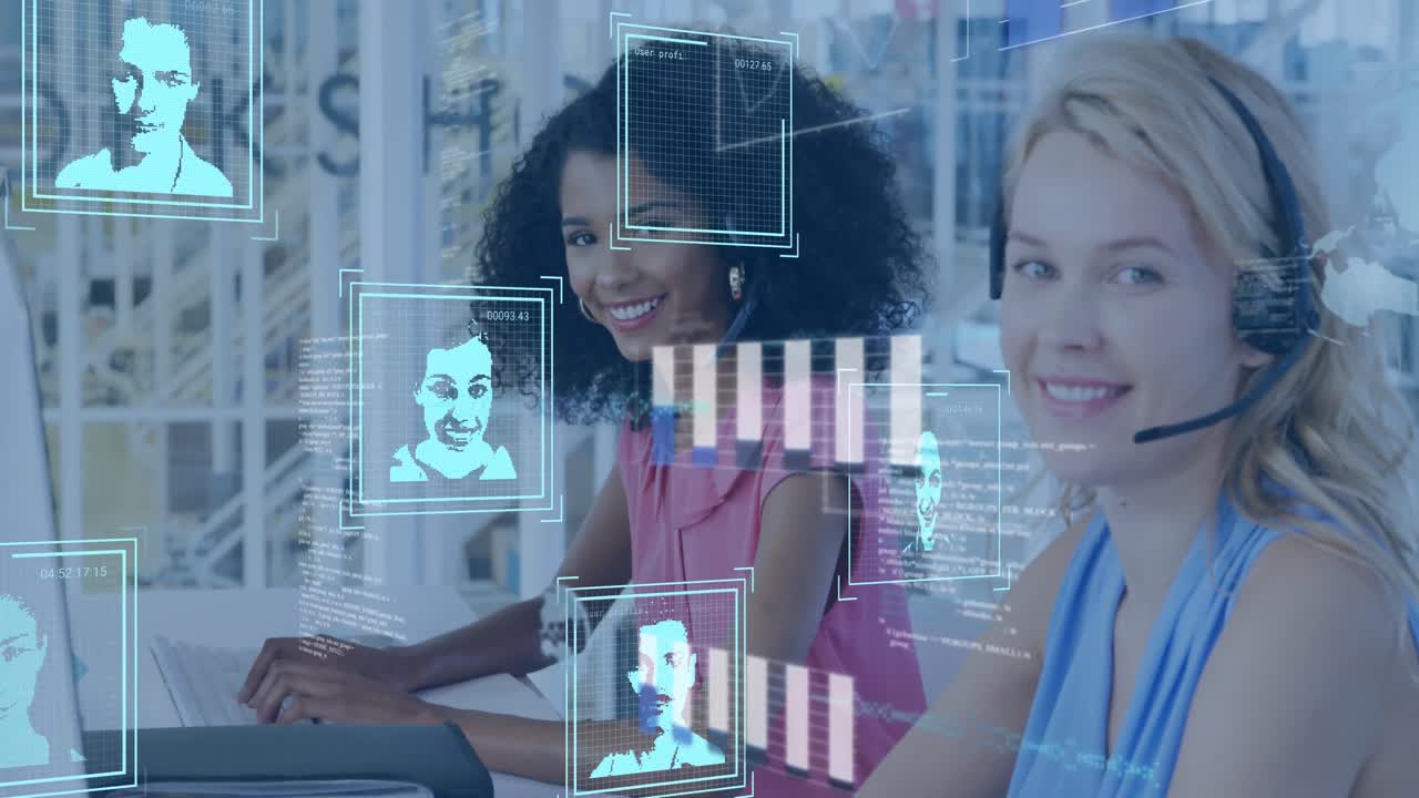 Animation of biometric photos and data over diverse business people in office