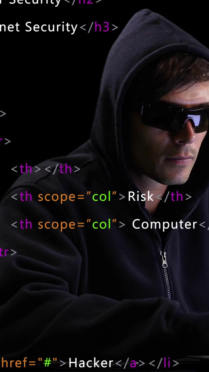 Animazione di elaborazione dati su un hacker informatico maschio che usa il portatile.