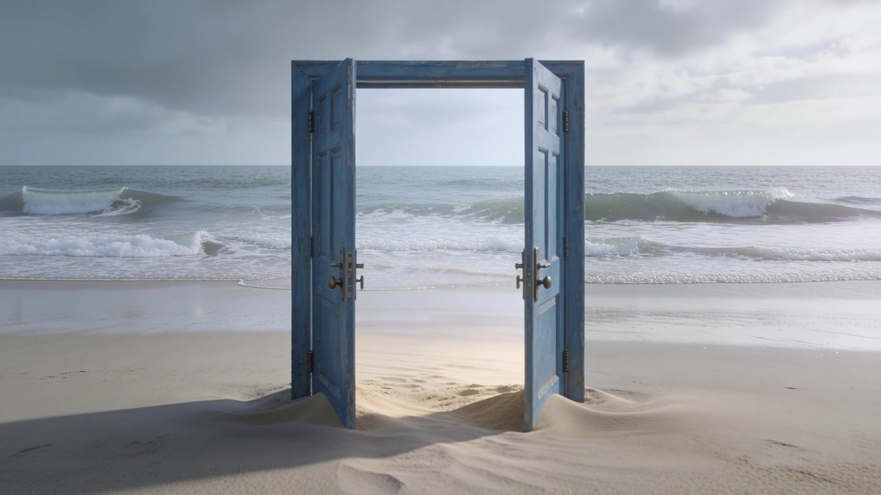 Al compás del oleaje, un marco de puerta doble azul enmarcando el mar en la orilla arenosa, con pomos y bisagras.