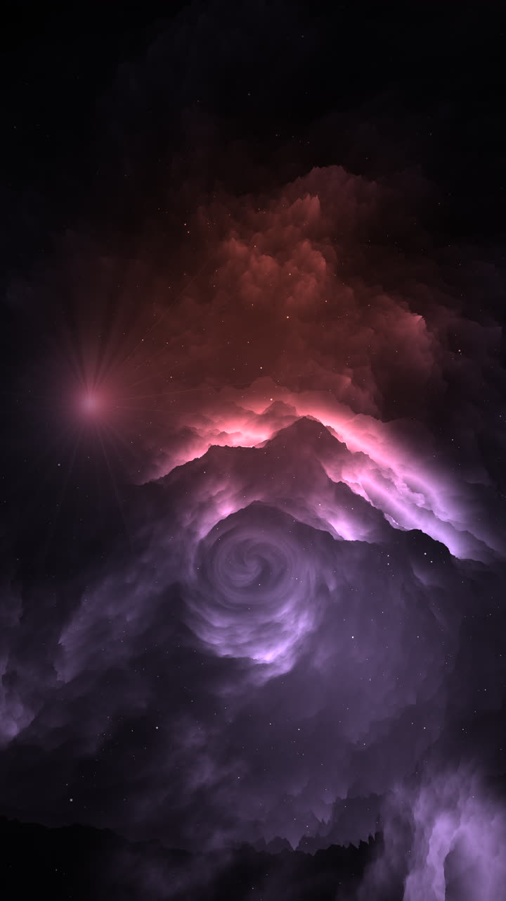Atmosfærisk dyb rumsnebula med glødende lilla og røde kosmiske støv- og gasskyer i et mørkt univers. Professionel 4K vertikal 9:16 video til rum- og videnskabstemaer
