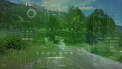 Animation of digital screen and data processing over fit woman running