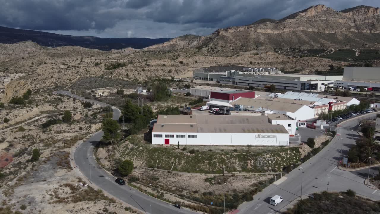 Aerial approach to The Jijonenca nougat factory in the Espartal industrial park