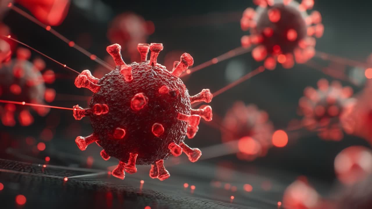 Visualizzazione ravvicinata della struttura di un virus, che ne evidenzia il design complesso con punte rosse e trame superficiali su sfondo scuro