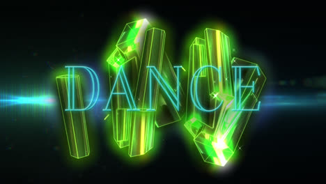 animation of dance text over 3d abstract pattern against lens flares on black background