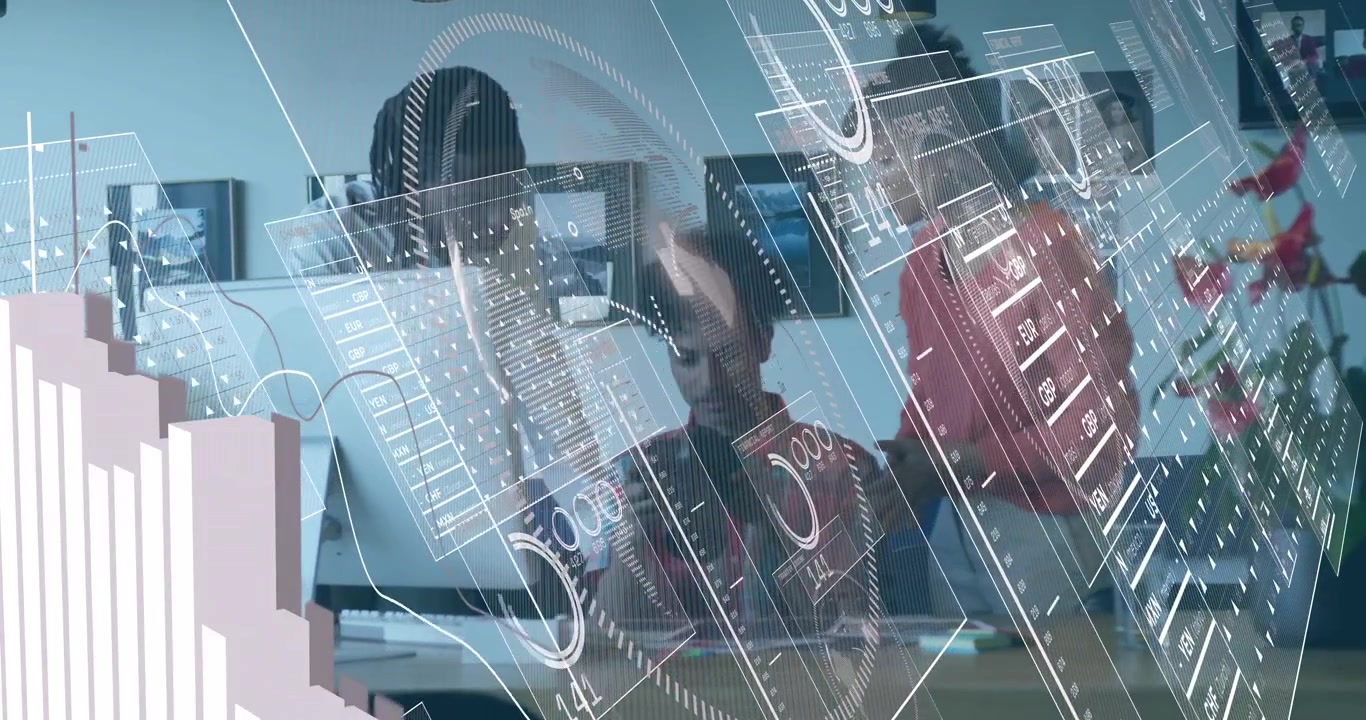 woman tapping camera and initiating technology overlays while colleagues adjusting setup for review