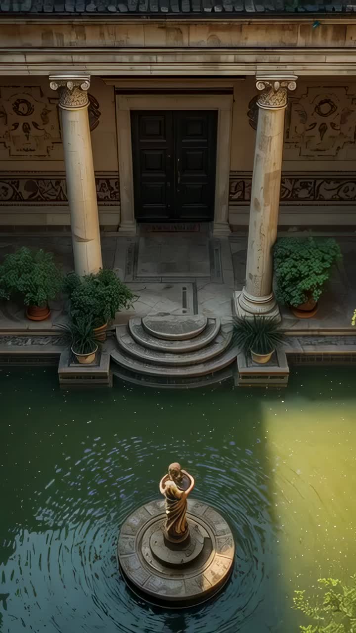Vertical video: Creating splash at statue base, statue making ripples in fountain pool, sunlight