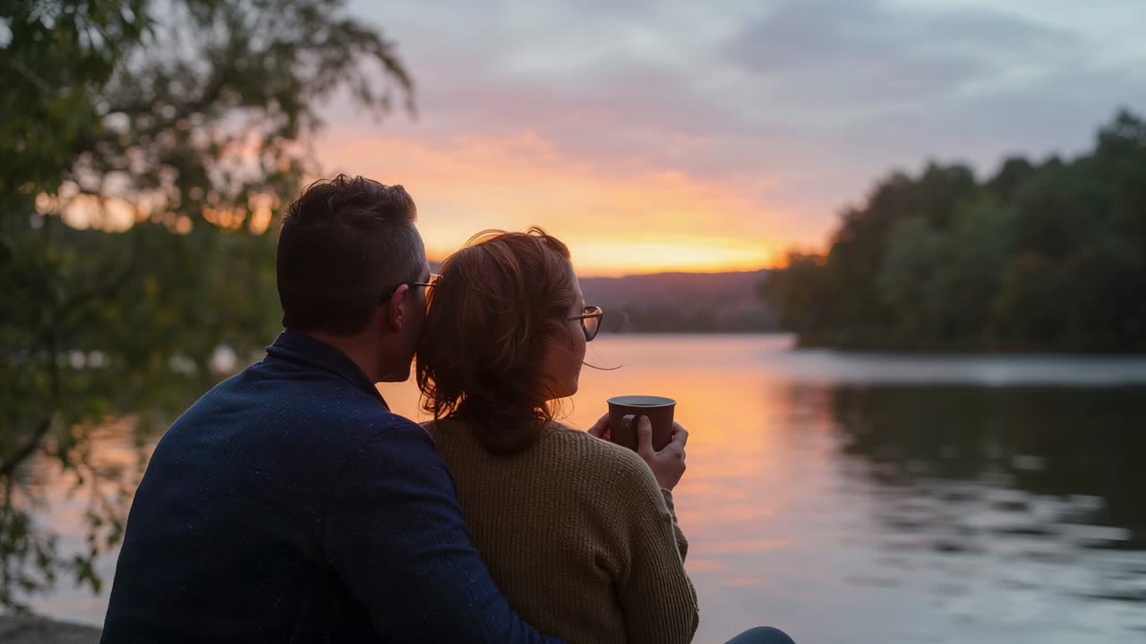 Sitting couple at lake dock watching sunset, one with glasses sipping mug, other nuzzling, sweater