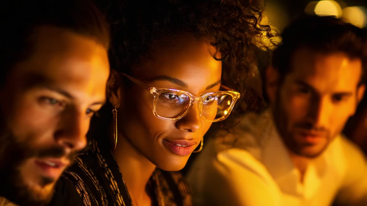 A captivating moment highlighting three individuals engaged in an intimate conversation, where the woman with stunning curly hair and glasses reflects curiosity and focus under warm ambient lighting