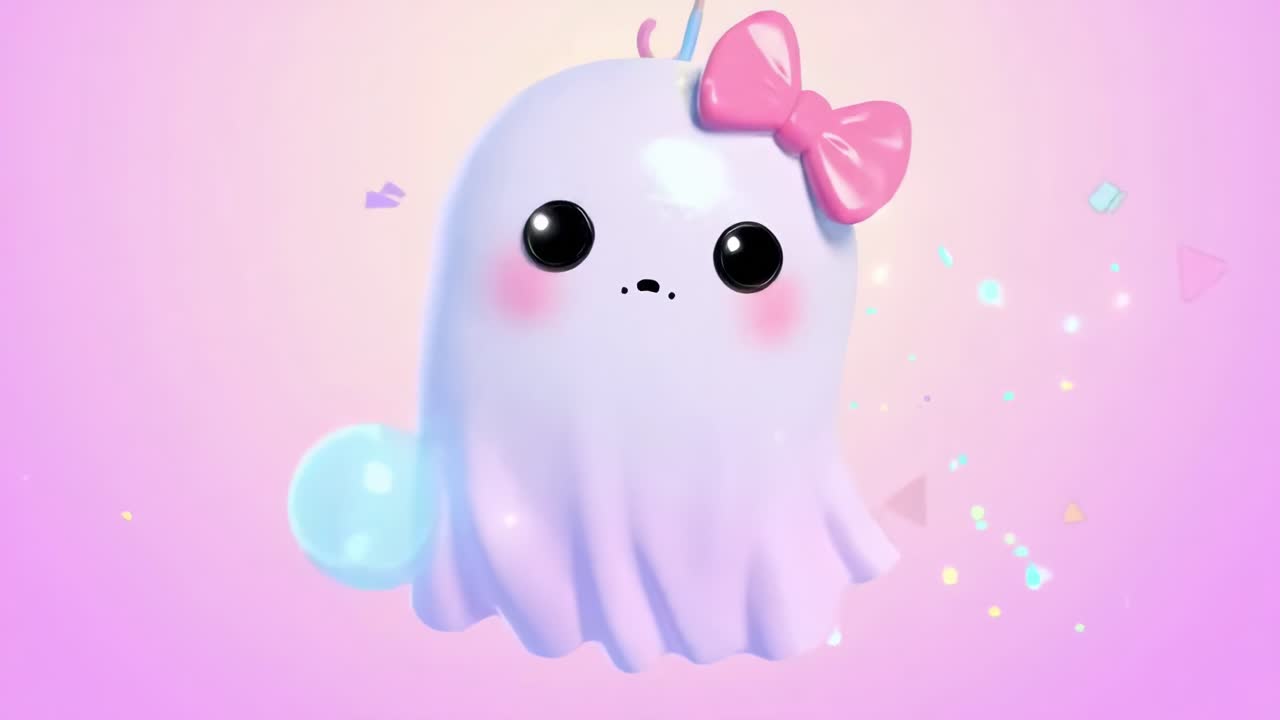 Simpatico fantasma 3D con fiocco, che sorride in un video pastello. Inquadratura frontale, giocoso e stravagante. Live.
