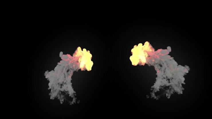 Dual Fireball Explosions Creating Smoke Clouds on Black Background