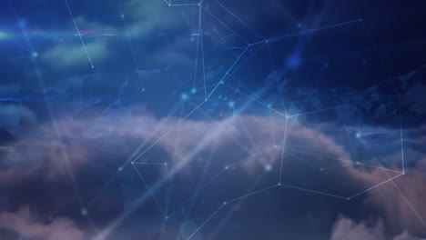 animation of networks of connections over clouds on sky