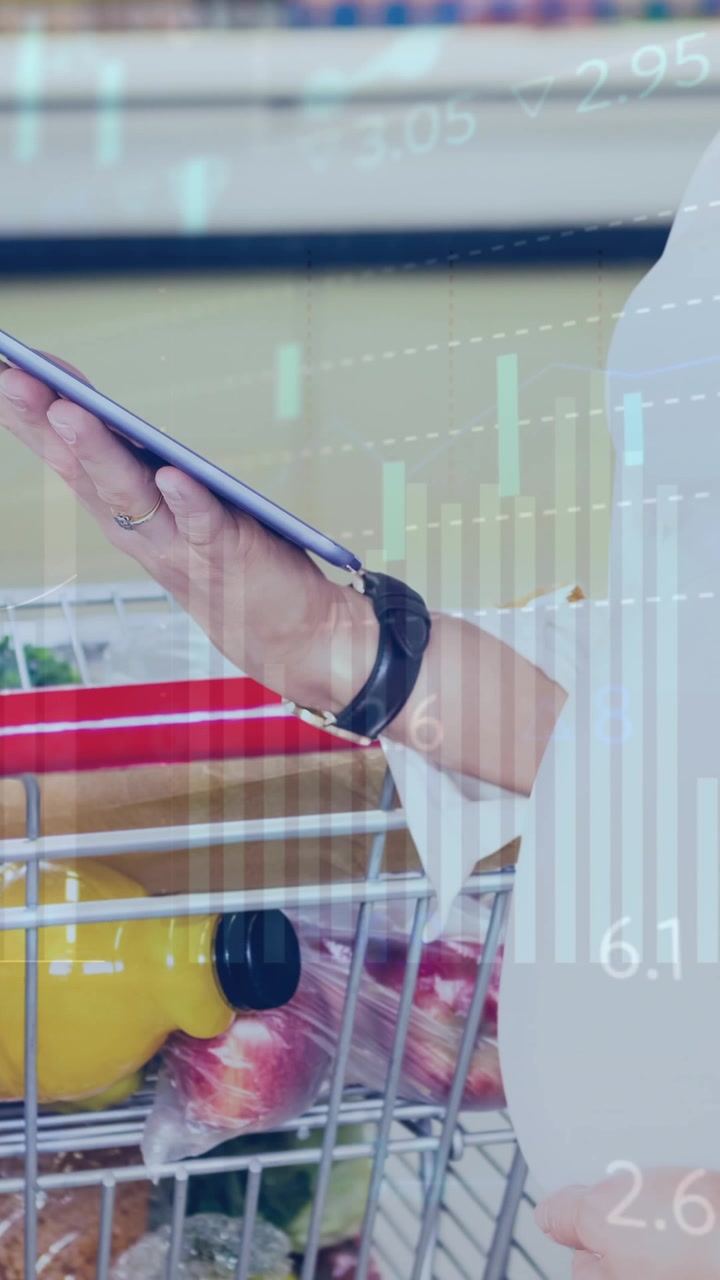 Animazione di dati finanziari e grafici sulle mani di una donna caucasica che fa acquisti con un tablet.