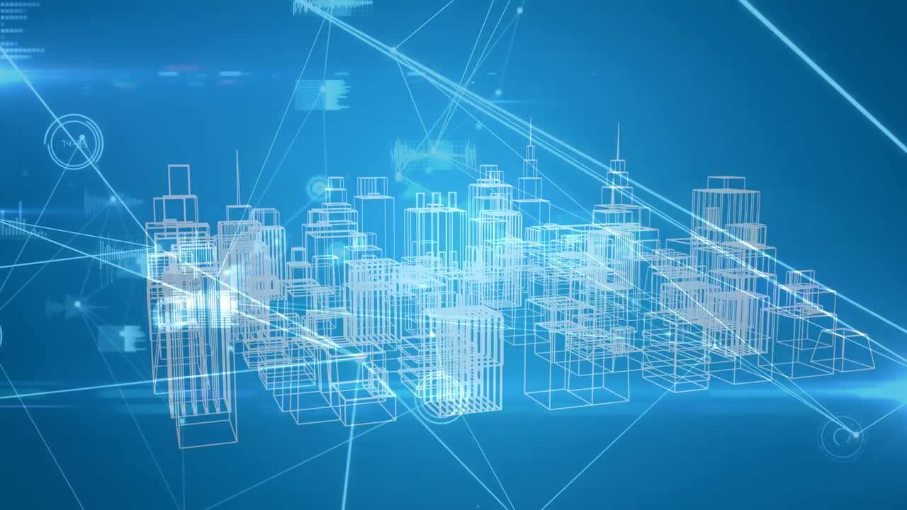 animación de la red de conexiones sobre el giro del paisaje urbano en 3d