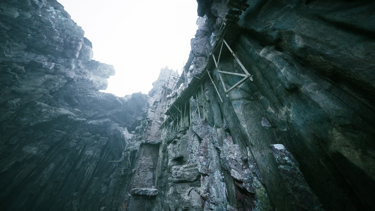 Ancient stone cliffs reveal hidden structures in a foggy valley