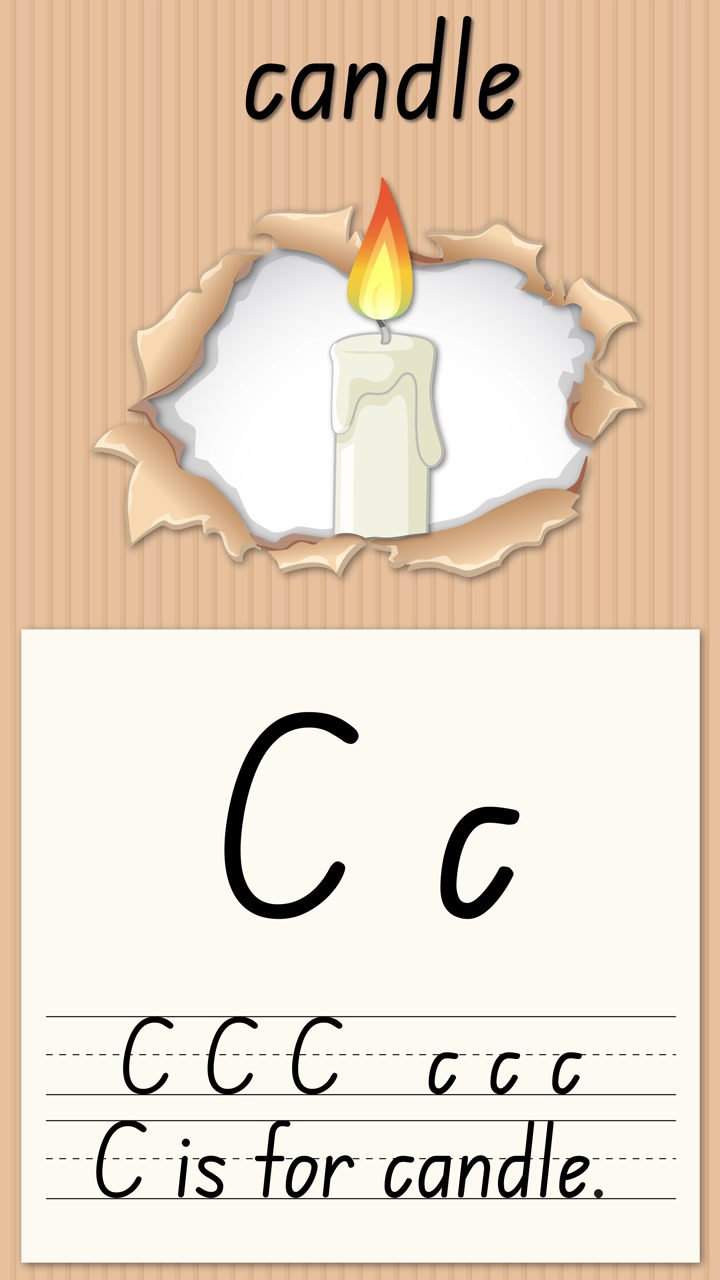 Animated educational video teaches letter C using a candle illustration and handwriting practice on paper