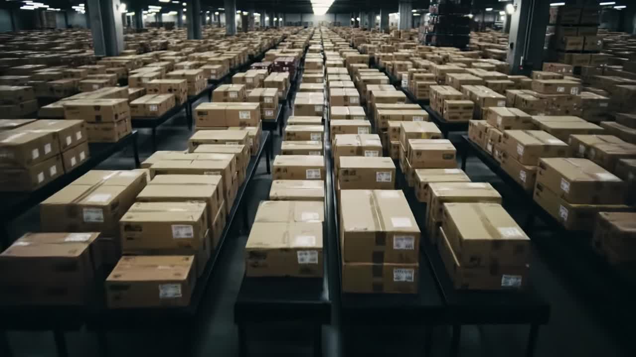 In a large distribution center, countless boxes are organized in neat rows, revealing the operational scale of order fulfillment. Workers move around efficiently preparing items for delivery.