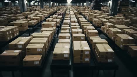 in a large distribution center, countless boxes are organized in neat rows, revealing the operational scale of order fulfillment. workers move around efficiently preparing items for delivery.