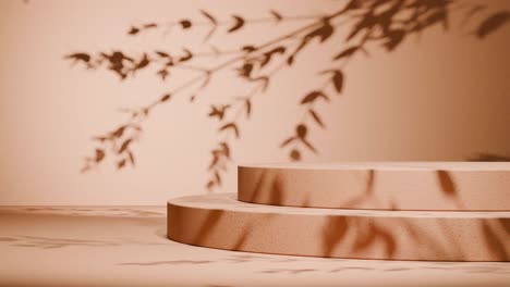 minimal round concrete podium with shadow of leaves on orange wall. natural sunlight overlay in studio setting. botanical and product display mockup. design for banner, poster