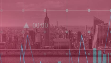 Animation-Der-Finanzdatenverarbeitung-über-Der-Stadtlandschaft-Auf-Gitterhintergrund