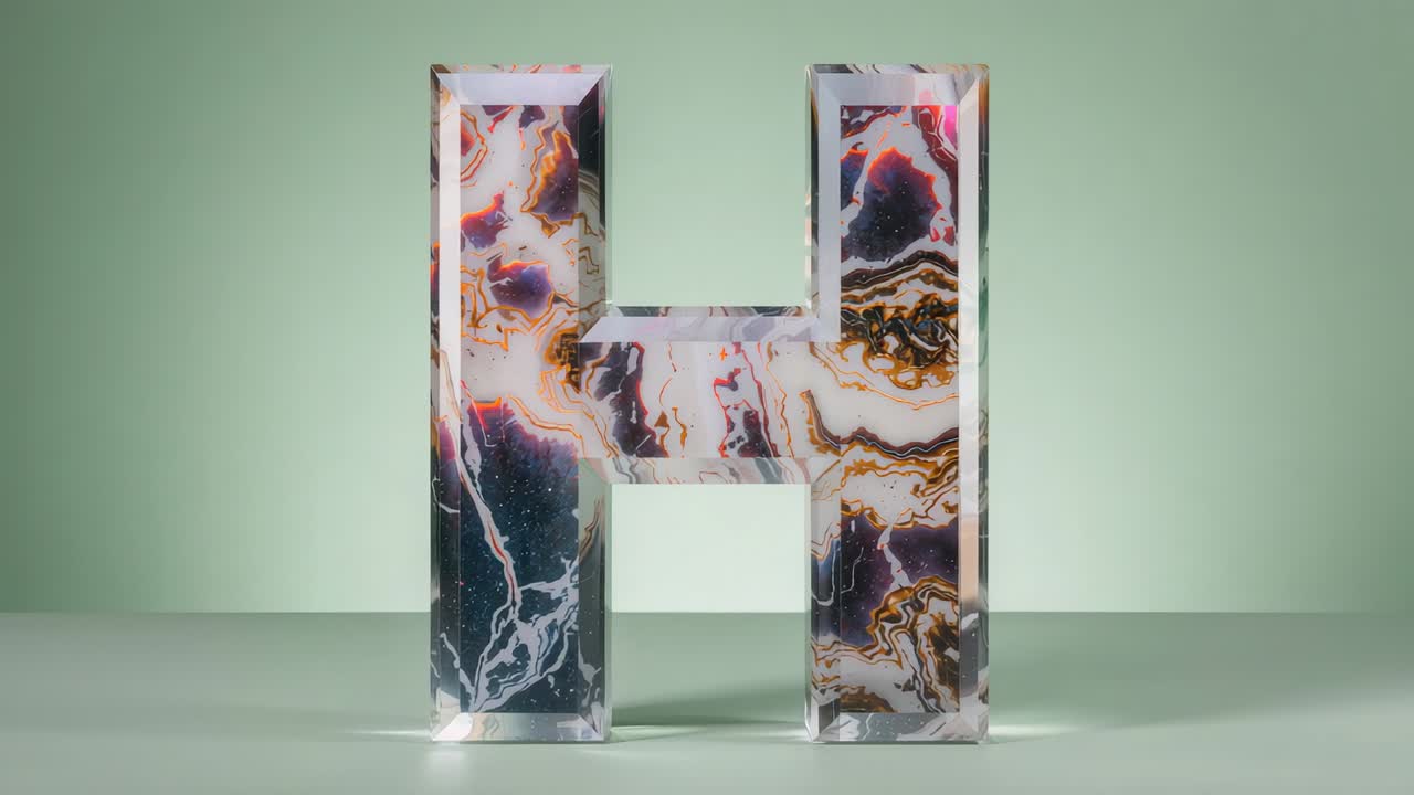 Receiving sweeping pink-red highlight, glass-like 3D letter H glowing in studio, accentuating veins