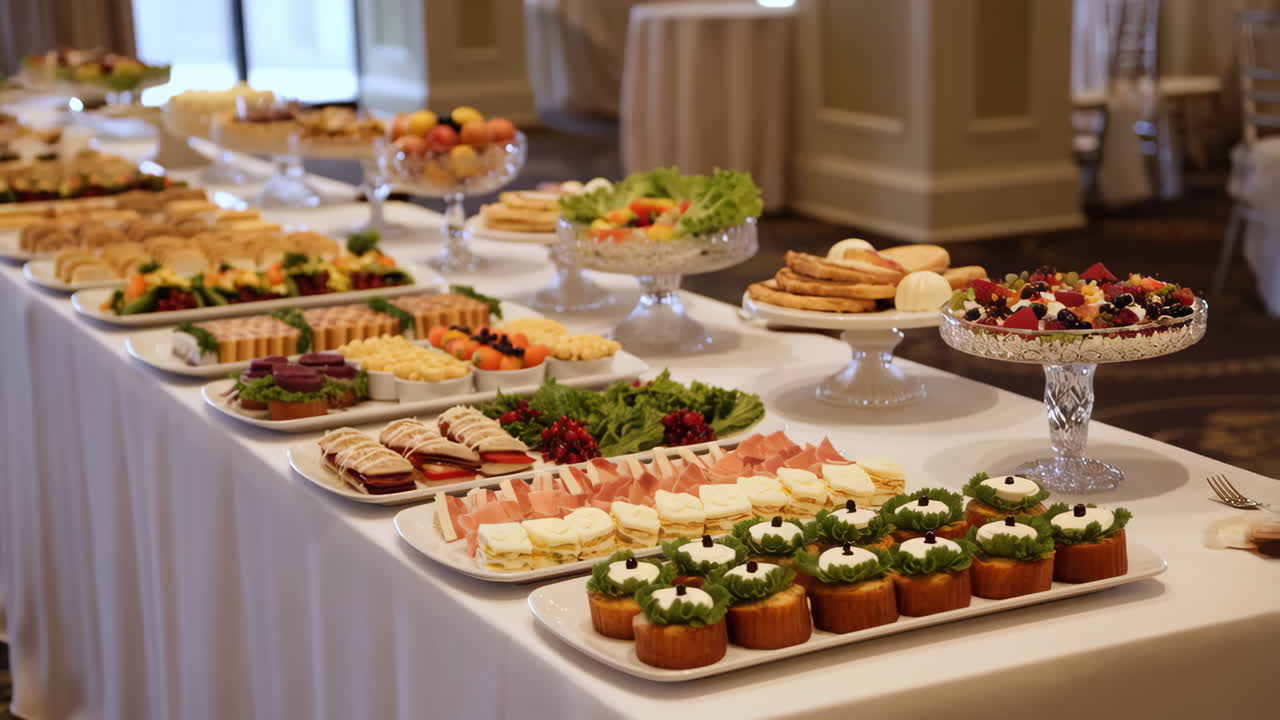 A long table filled with a variety of catered food items at an event