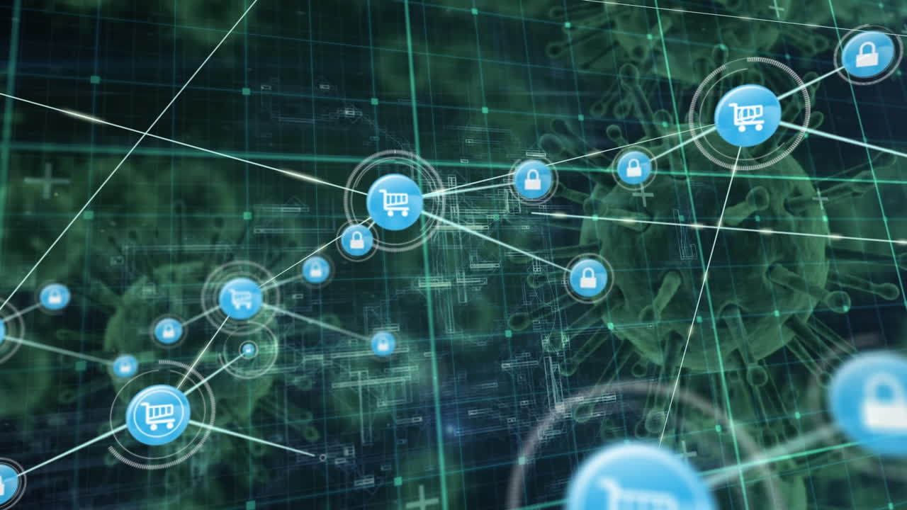 red de iconos digitales sobre red de rejilla contra múltiples células de covid-19 en fondo negro