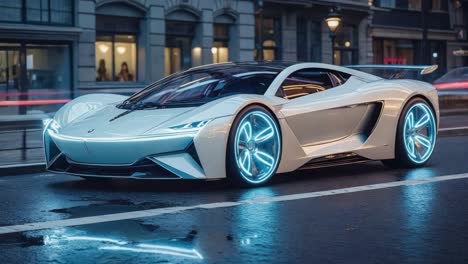 futuristic white sports car with neon blue lights on a wet city street at night