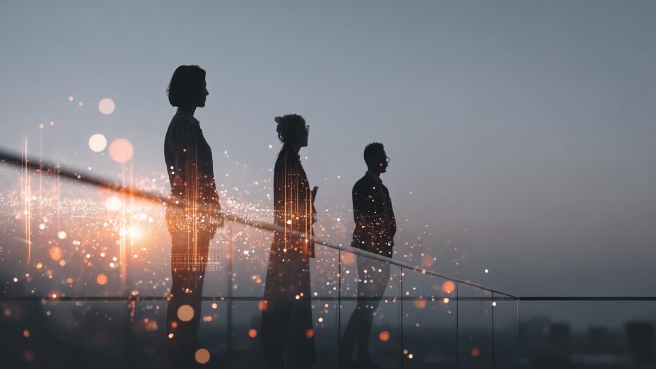 Silhouetted figures reflecting on a balcony against a mesmerizing twilight sky, with shimmering lights creating an ethereal atmosphere of contemplation and connection