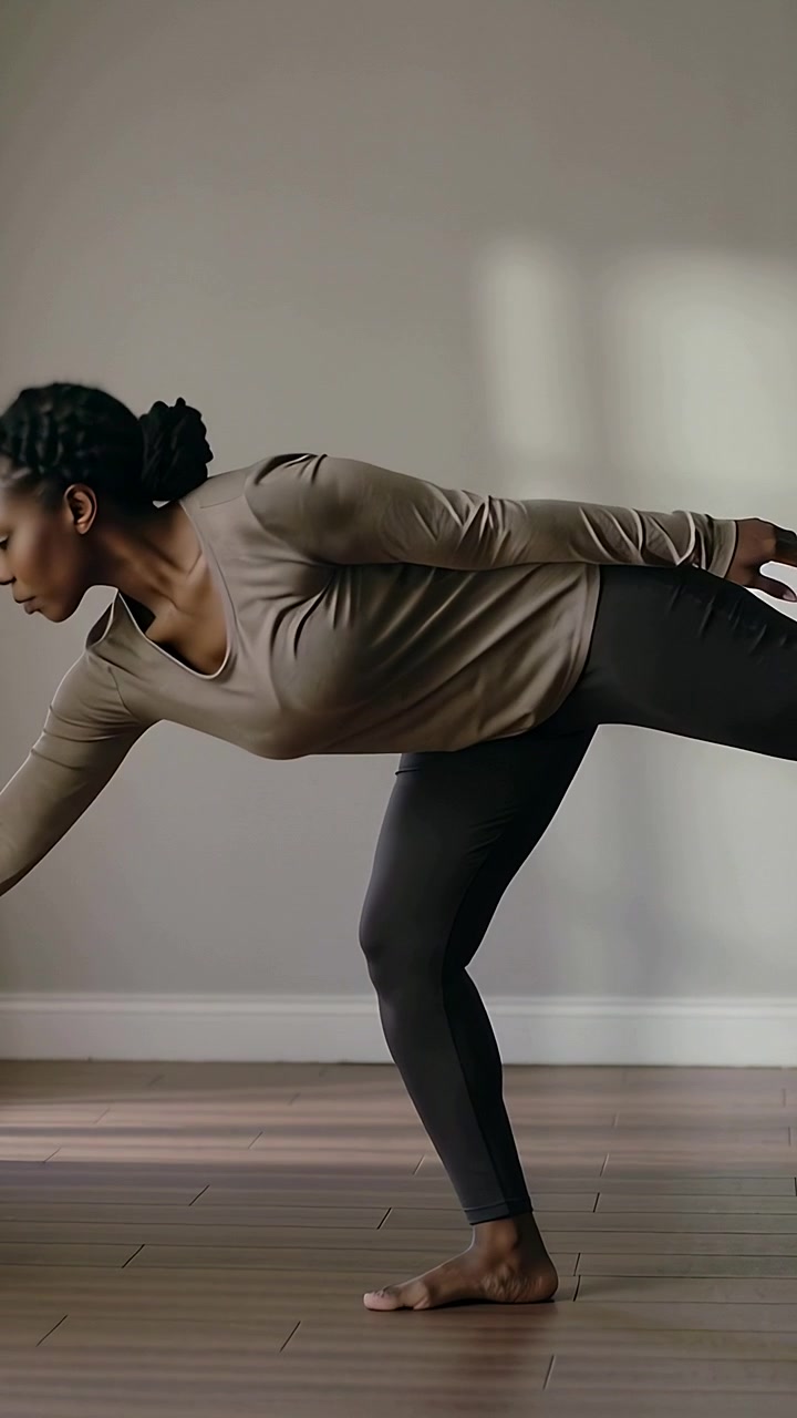 Vertical video: Shifting, woman in fitted top leggings lifting leg practicing balance on wood floor