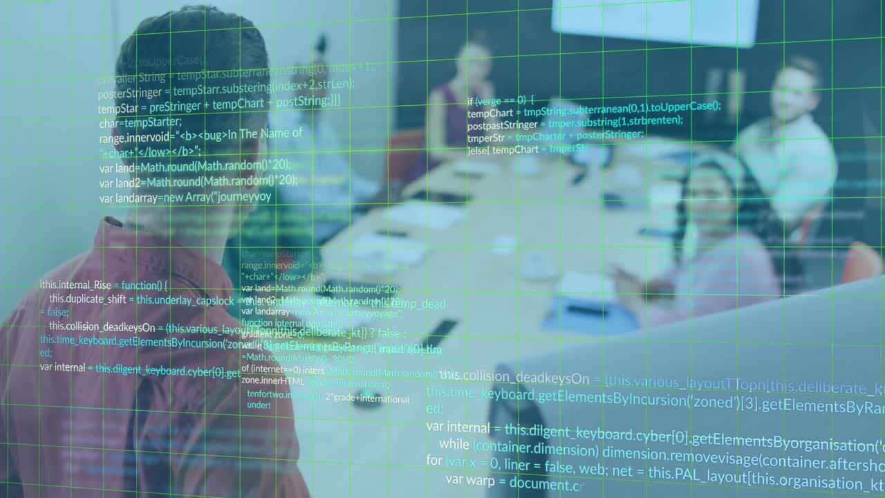 Presenter gesturing display, starting grid code overlay at business meeting as colleagues observing