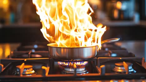 a frying pan on a stove with flames coming out of it