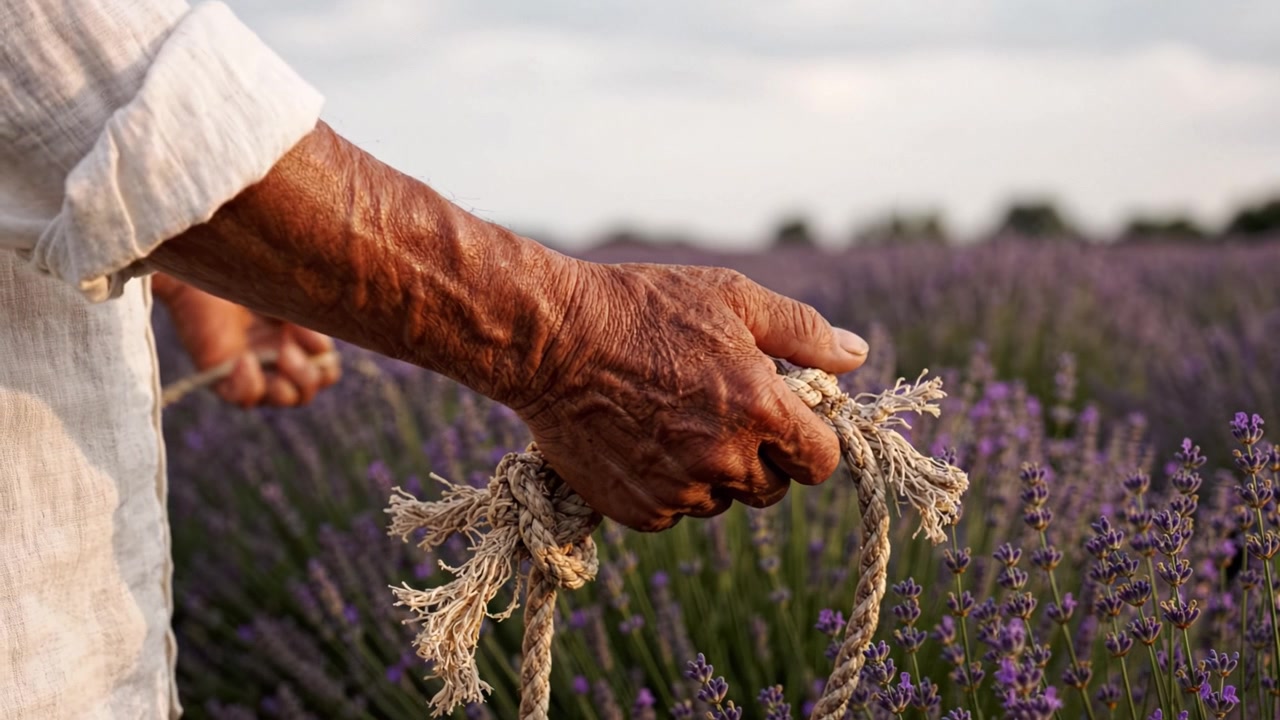 Un primo piano di una mano invecchiata che tiene un fascio di spago in mezzo a un bellissimo campo di lavanda, catturando la serenità della natura e il legame con l'agricoltura