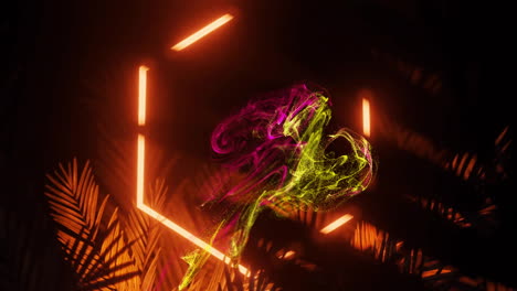 animation of glowing neon light frame and leaves moving over black background