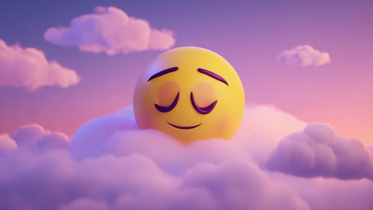 Kouzelná animovaná cesta zobrazující usmívající se emoji vynořující se z nadýchaných mraků, vyjadřující emocionální transformaci od klidu po radost na pozadí živých pastelových barev.