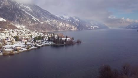 beautiful winter wonderland scenery on a lake in switzerland