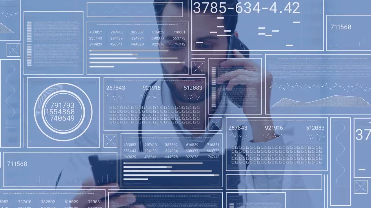 animación de procesamiento de datos sobre médico caucásico usando el teléfono