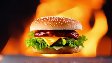 a juicy burger with cheese, lettuce, and tomato, grilled to perfection in front of a fiery background