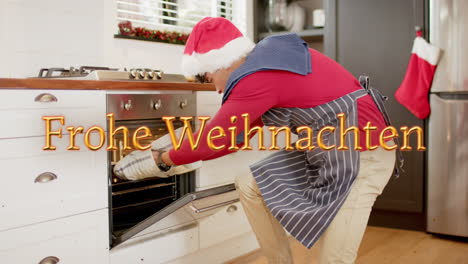 Animation-Of-Frohe-Wihnachten-Text-Over-Cacusain-Woman-Baking-At-Christmas