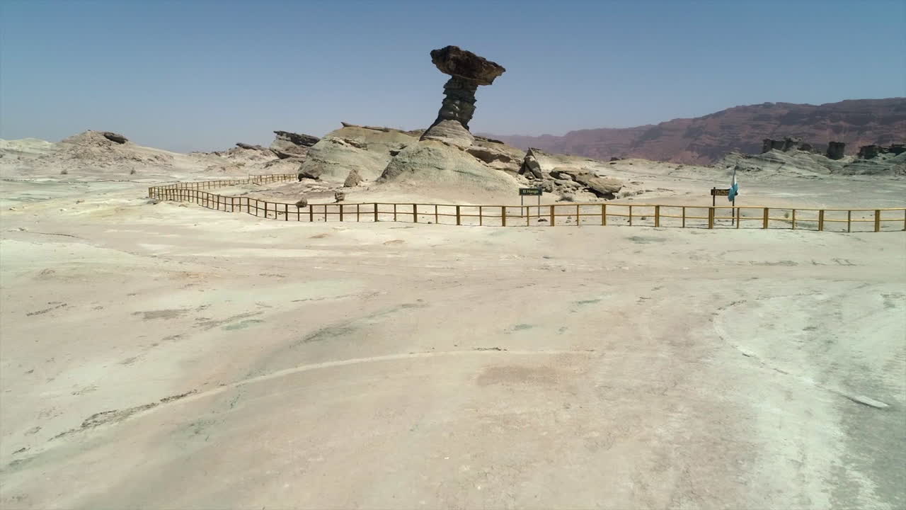 vista aérea épica del parque provincial de ischigualasto, san juan, argentina, en ascenso hacia adelante