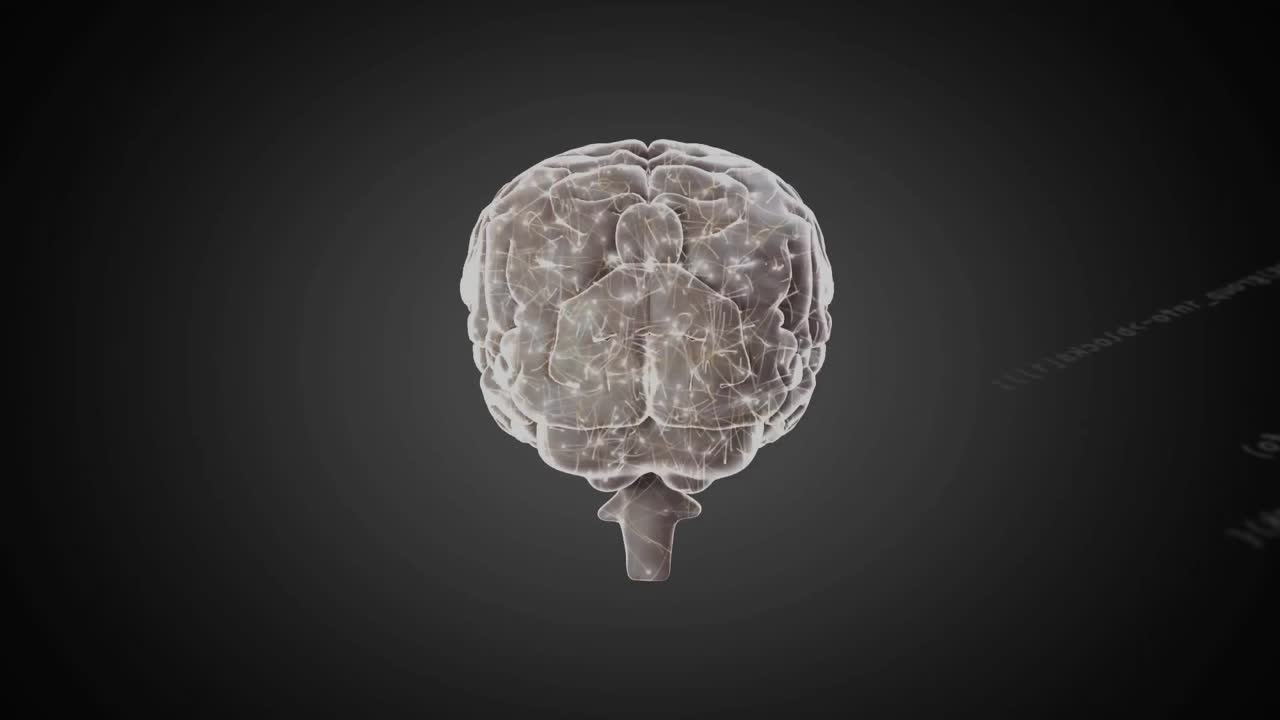 On start, translucent 3D brain model emerging, rotating left for neural activity visualization