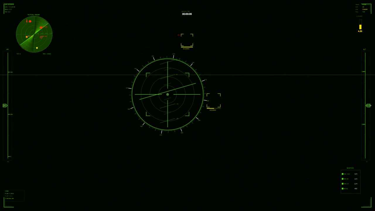 Questa animazione presenta un'interfaccia utente grafica militare con un heads-up display. Mostra i sistemi di localizzazione radar e di puntamento in un ambiente scuro.