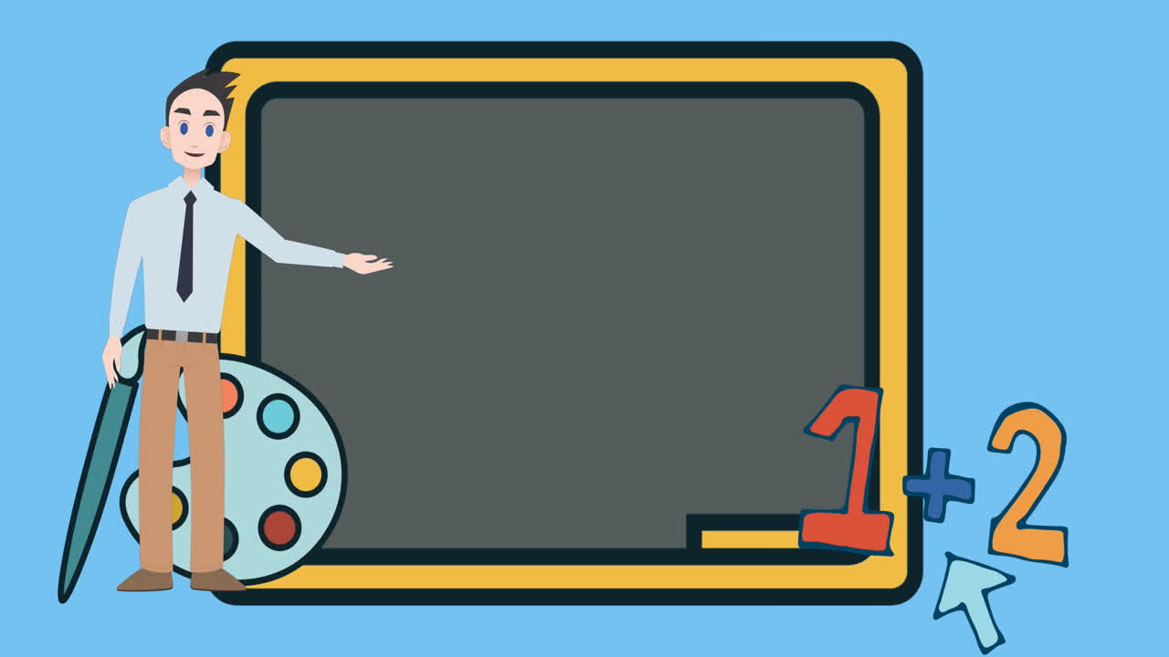 Animation of man talking over school and board icons