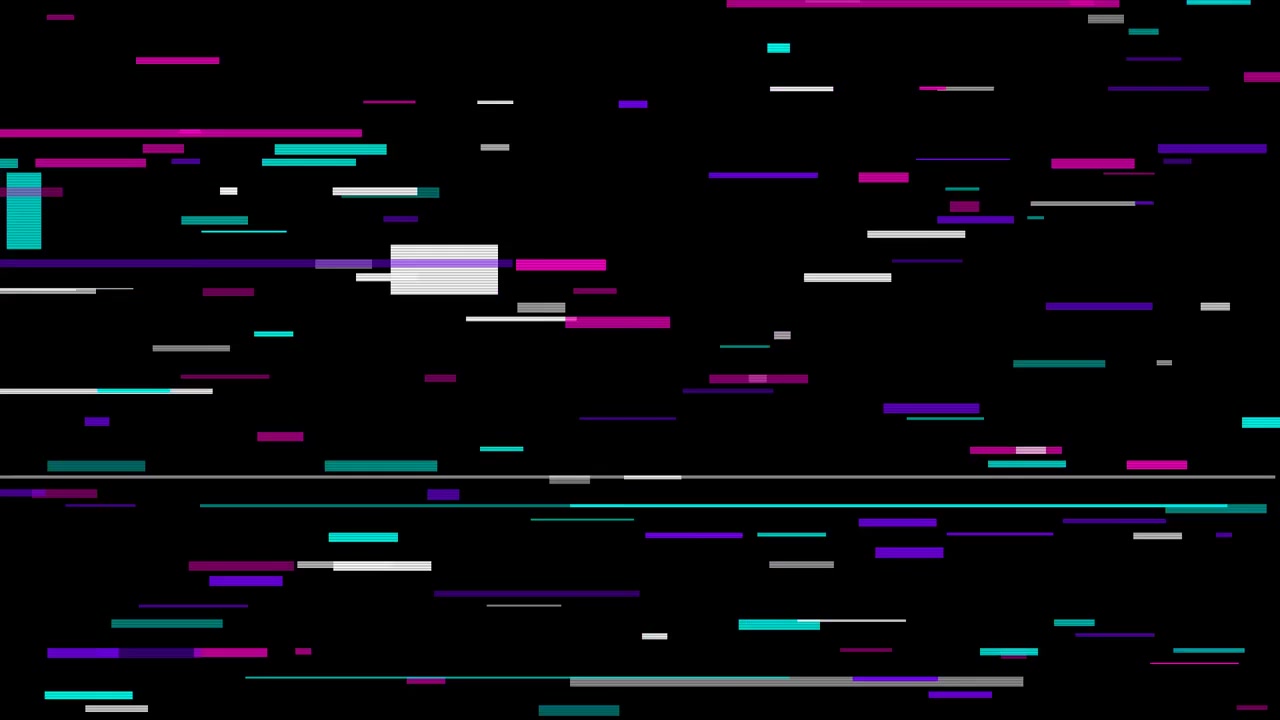 Digitaler Glitch-Effekt mit bewegten geometrischen Formen auf schwarzem Hintergrund