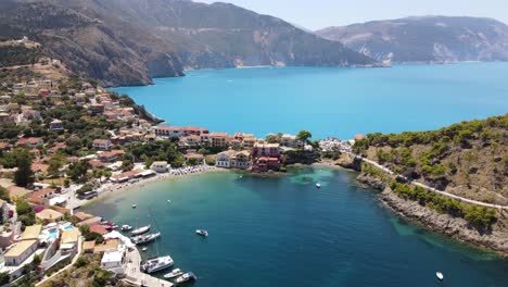 Picturesque-city-Asos-on-Cephalonia,-Greece,-aerial-establisher,-nature-panorama