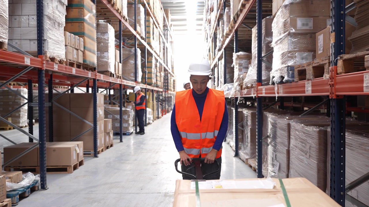 Warehouse Worker Using Pallet Jack to Move Cardboard Boxes