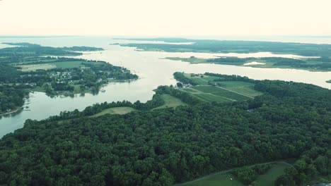 Drone-Aerial-View-on-Forest-and-Coast-of-Kent-Island-After-Sunset,-Chesapeake-Bay,-Maryland-USA